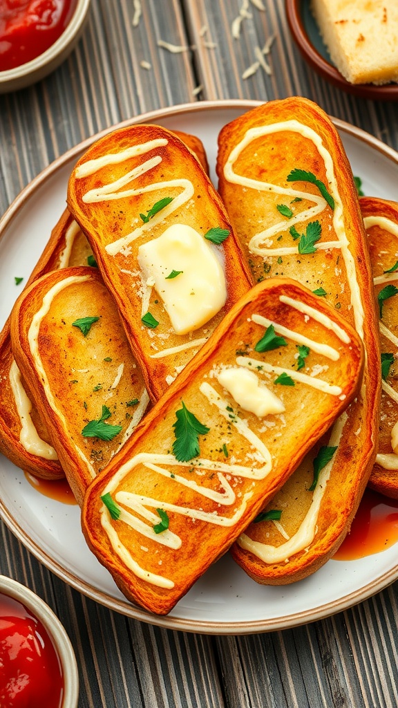Golden-brown air fryer garlic bread on a plate, garnished with parsley and Parmesan cheese.